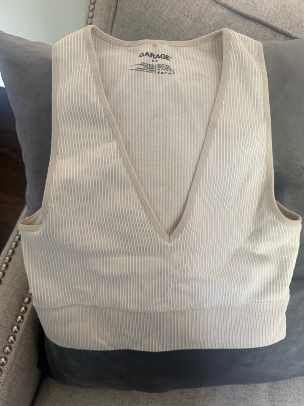 Garage Cream Ribbed V-Neck Crop Tank